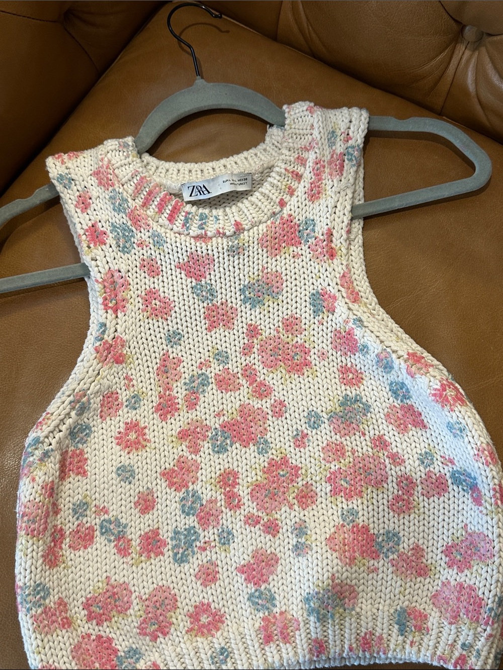 Zara Women’s Cream Floral Knit Tank Top - Pink & Blue